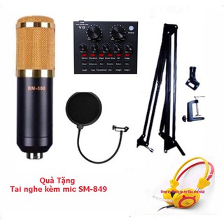 Bộ live stream sound card AQTA V8+ Micro Bm 800 +màng lọc âm+ chân giá đỡ to tặng tai nghe Sm-849