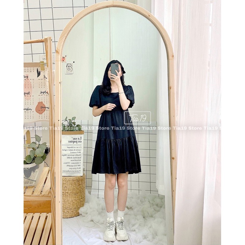 Váy babydoll cổ vuông 3 màu. Đầm tay bồng dáng xoè ulzzang ( Ảnh thật Tia19 chụp)