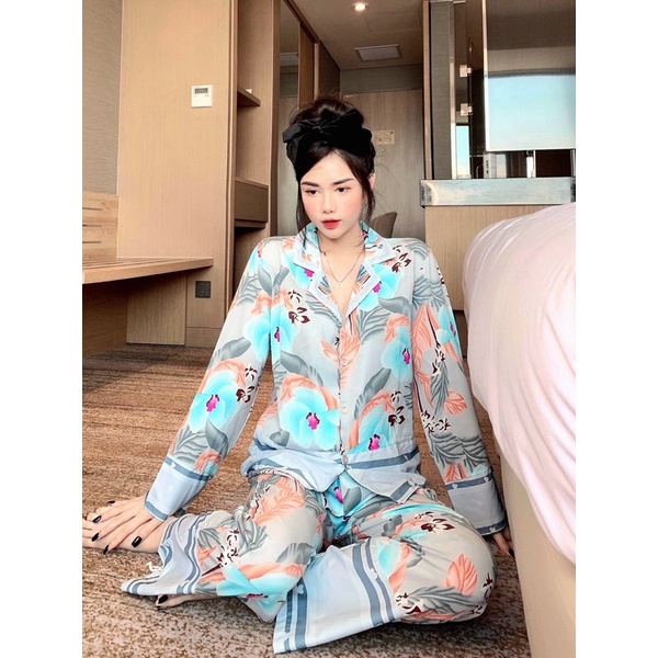 (Dưới 62kg) Đồ bộ Pijama mặc nhà LỤA MANGO tay dài quần dài hoa tiết hoa 3 màu