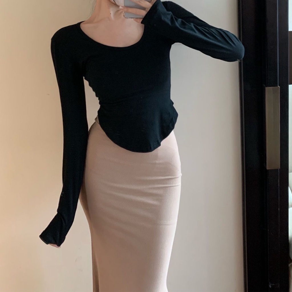 Jiashucheng Áo Thun Chống Nắng Mỏng Phong Cách Phương Tây Gợi Cảm Đơn Giản Kèm Chân Váy Đuôi Cá Ôm Eo