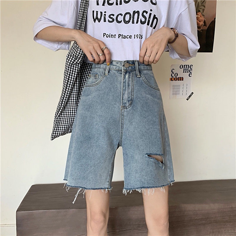 AMOI Quần Short Denim Lưng Cao Ống Rộng Phối Rách Thời Trang Hàn Quốc Cho Nữ
