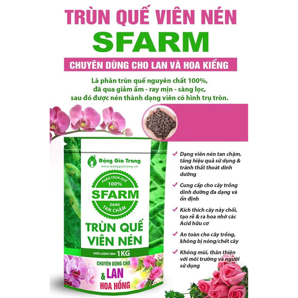 Phân trùn quế viên nén SFARM 1kg dùng cho Hoa Lan, cây kiểng