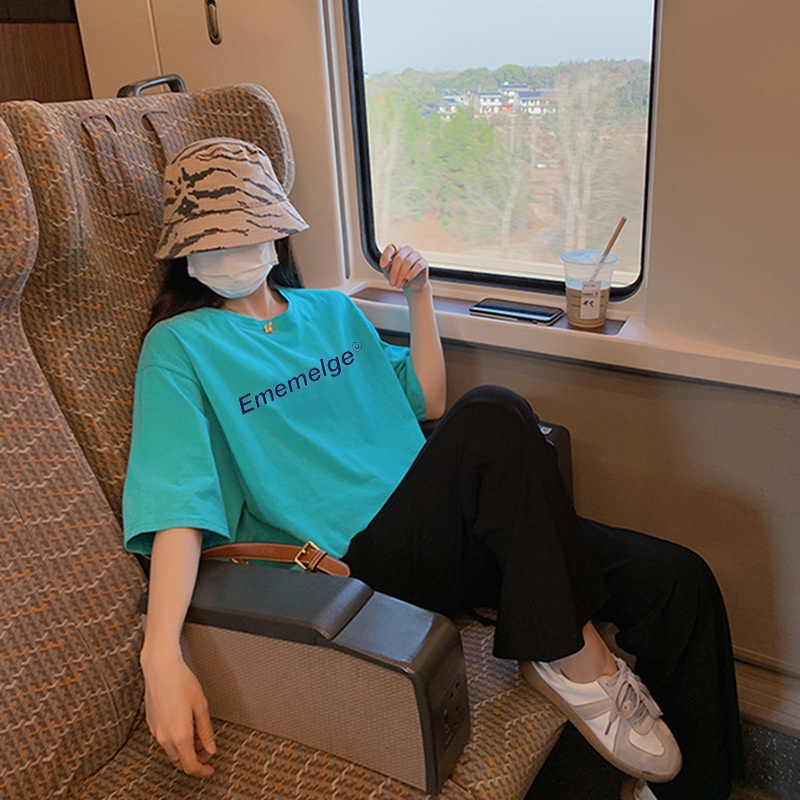Áo Thun Nữ Quảng Châu EMELEGE Xanh Nước Biển Chất Cotton Mịn Mát