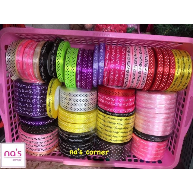 Dây ruy băng lụa hoạ tiết Happy birthday / Tim / best wishes/ chấm bi... 1cm cuộn 20m