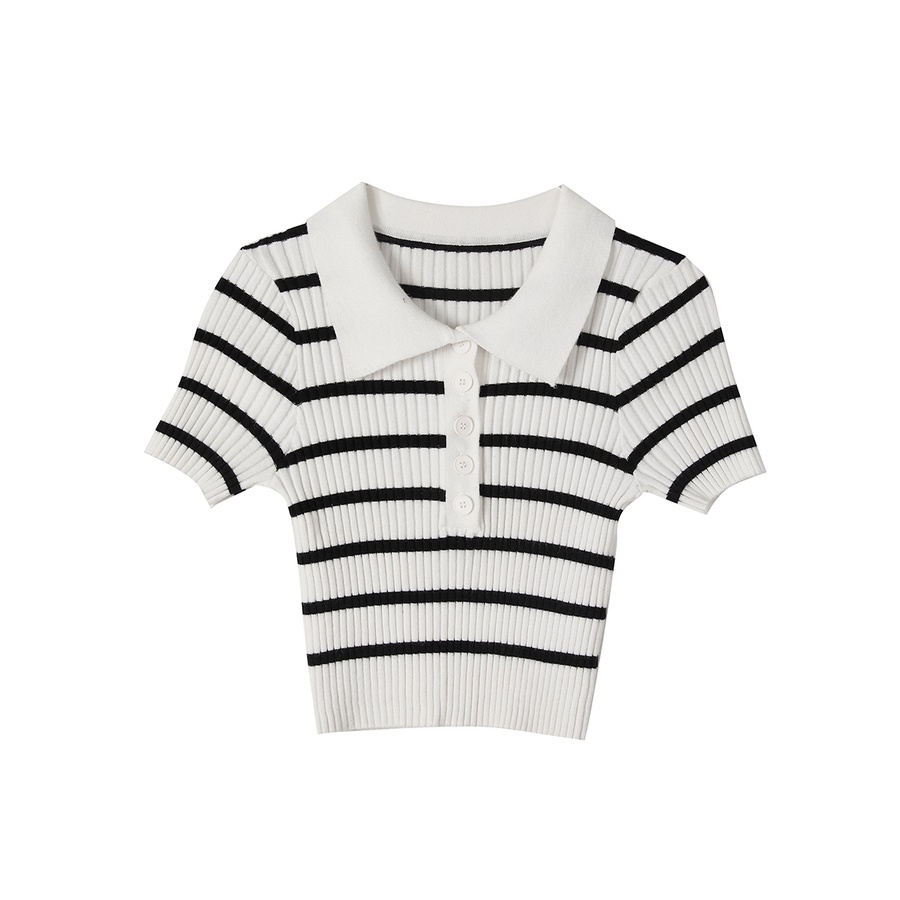 Áo Thun Nữ Tay Ngắn Có Cổ Họa Tiết Sọc Ngang Phong Cách Hàn Quốc