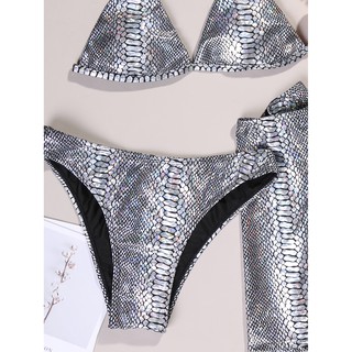 [BKN1390] <ÂU> SET BIKINI 3 MÓN DA RẮN BẠC KÈM CHÂN VÁY XẺ