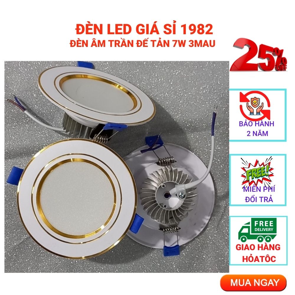 Đèn Led Âm Trần, Bóng Đèn Mắt Trâu 7W 3 Màu Đế Tản Liền Thể Phi 90mm [BH 24 tháng]
