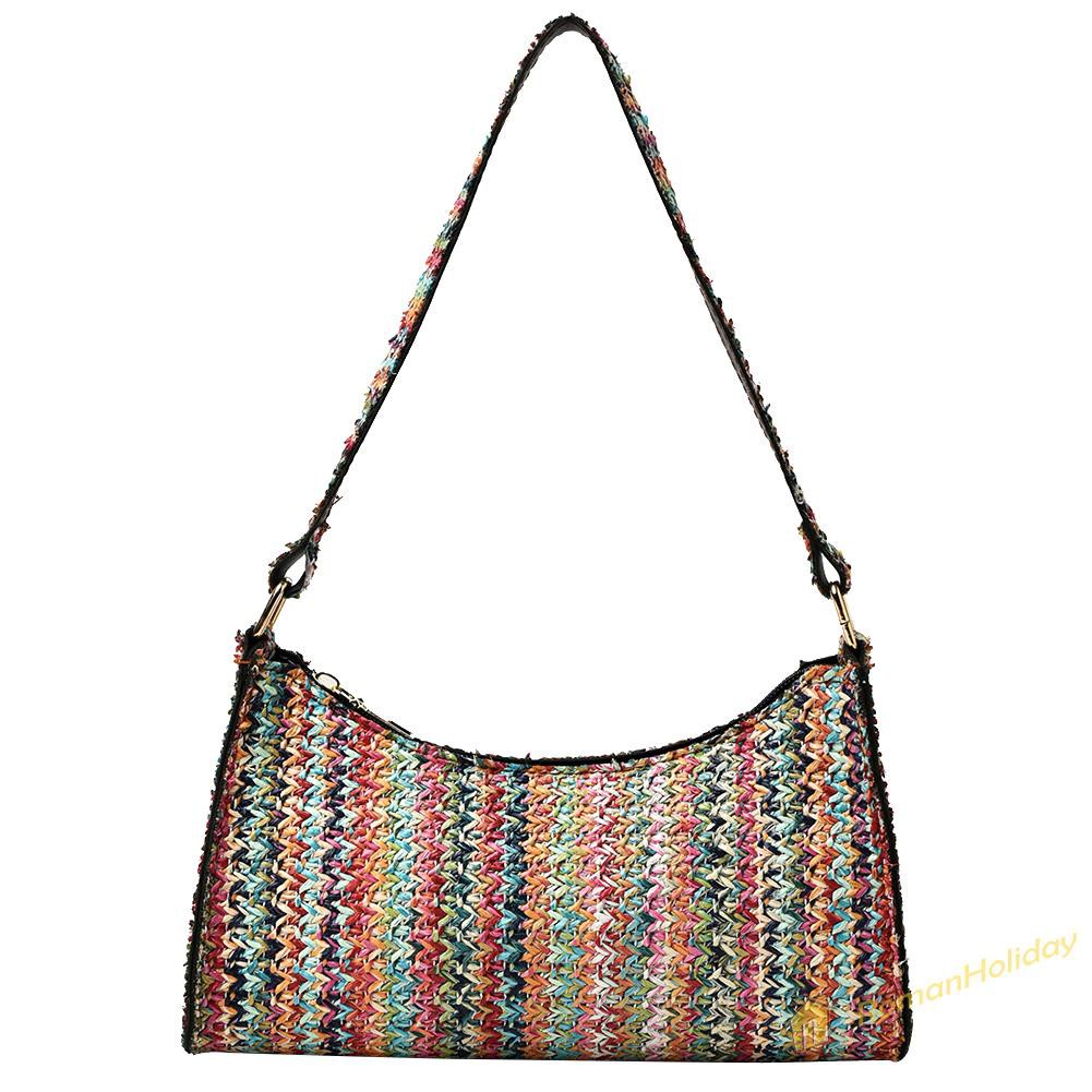 【On Sale】Bohemian Women Straw Woven Shoulder Hobos Bag Beach Small Handbag Purse