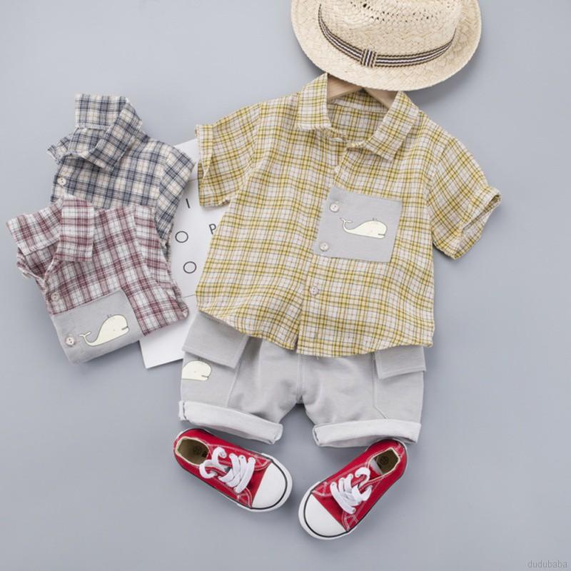 Set Áo Sơ Mi Tay Ngắn & Quần Short Caro Cho Bé Trai Từ 0-4 Tuổi