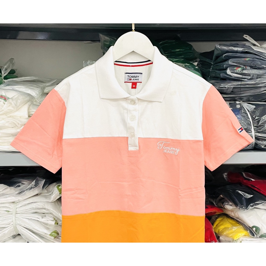 [HÌNH THẬT] ÁO THUN CỔ TRỤ TOMMY CAM HỒNGTRẮNG VNXK   - COTTON CÁ SẤU 100%