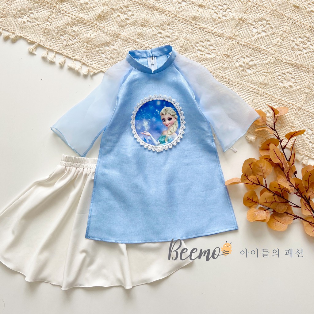 Set áo dài Tết cho bé gái Beemo - Chất liệu gấm tatfa phối tay tơ, họa tiết  hình in ELSA và ANNA đáng yêu B085