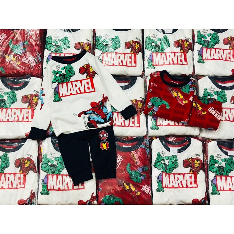 Set 2 bộ cotton dài tay bé trai siêu nhân Marvel trắng đỏ