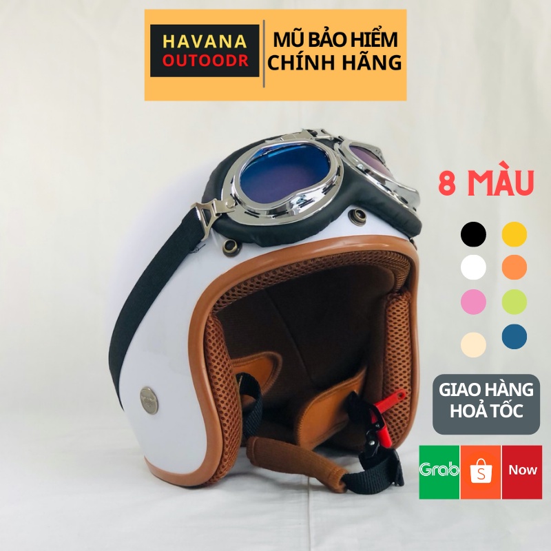 Mũ  Bảo Hiểm 3/4 Lót Đệm Nâu Cao Cấp Havana Store  Kèm Kính Phi Công | Mũ Nhựa ABS Độ Bền Cao BH 12 Tháng