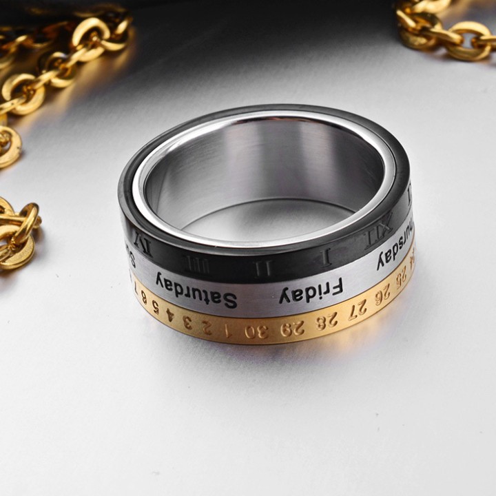 Nhẫn Nam 3 Màu In Thứ Ngày Tháng Titan Ko Đen TT 1376