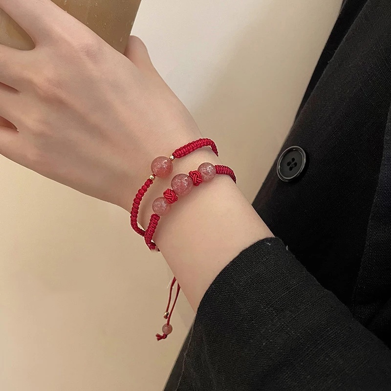 Vòng Tay Dây Bện Mặt Đá Obsidian Hình Quả Dâu Màu Đỏ Đen Thời Trang Cho Cặp Đôi