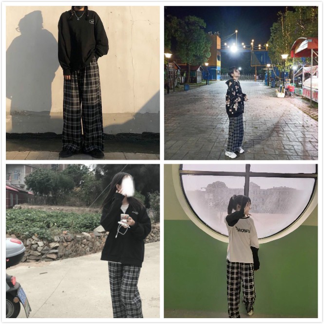 Quần dài ống rộng hoạt tiết caro thời trang cho nữ