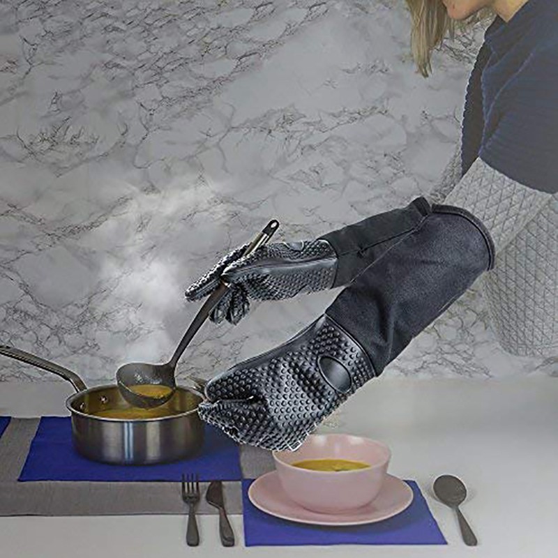 Extra Long Professional Silicone Oven Mitt, Heat Resistant Cooking Glove With Internal Cotton For Kitchen,Bbq,Baking,Grill - Black