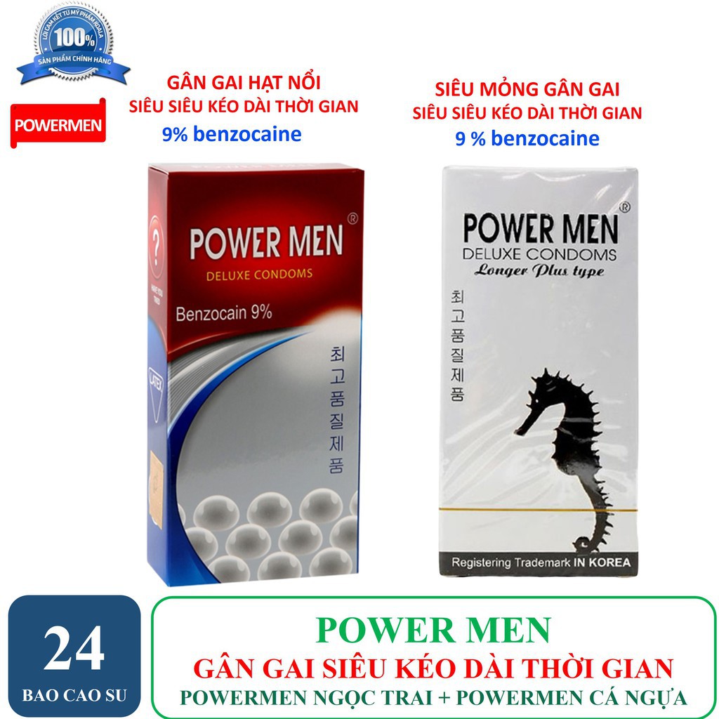 [POWERMEN] COMBO 2 hộp bao cao su gân gai siêu kéo dài thời gian POWER MEN NGỌC TRAI + CÁ NGỰA TRẮNG