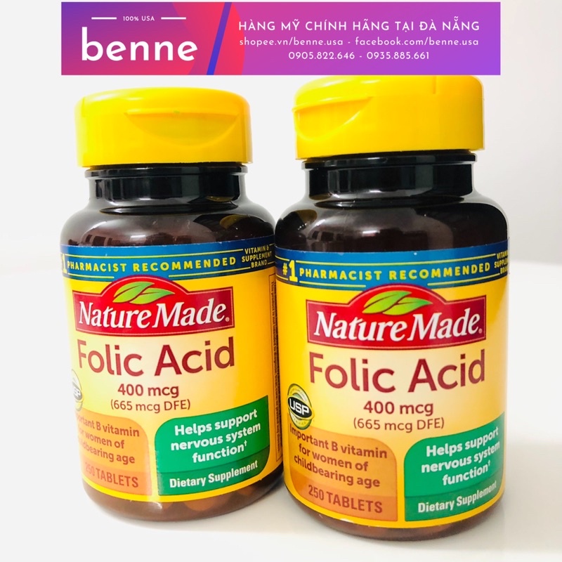 Viên uống Folic Acid 400mcg 250 viên Nature Made
