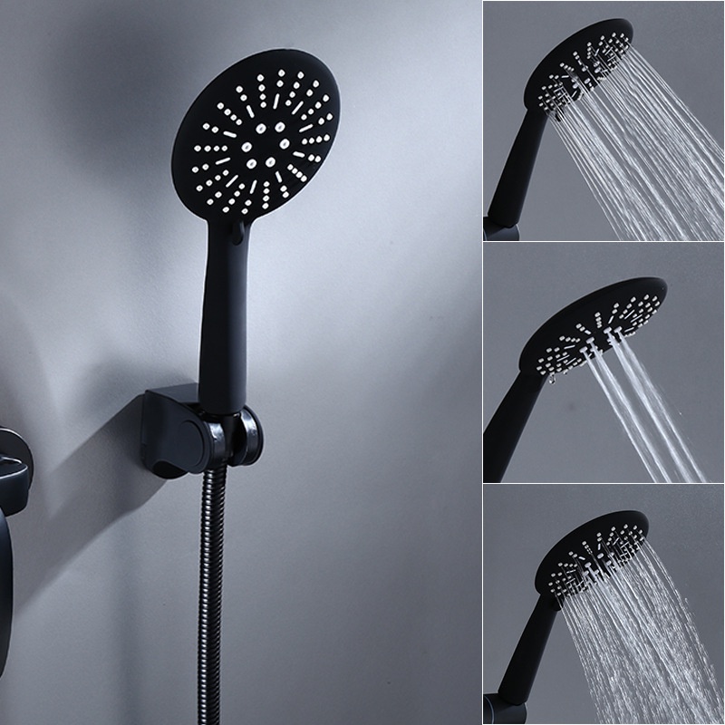 Bộ tay sen 3 chế độ nước chất liệu nhựa ABS bền đẹp màu sắc FULL Đen mặt to kèm dây sen đen và Cài dán đen - QM.TS048B3