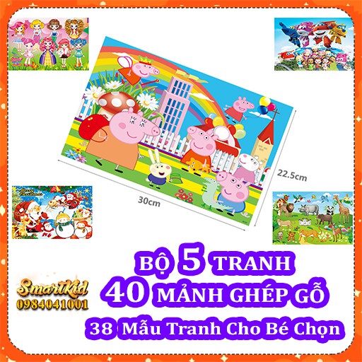 Bộ 5 Tranh 40 Mảnh Ghép Hình Khung Bảng Gỗ Cho Bé 1-10 Tuổi