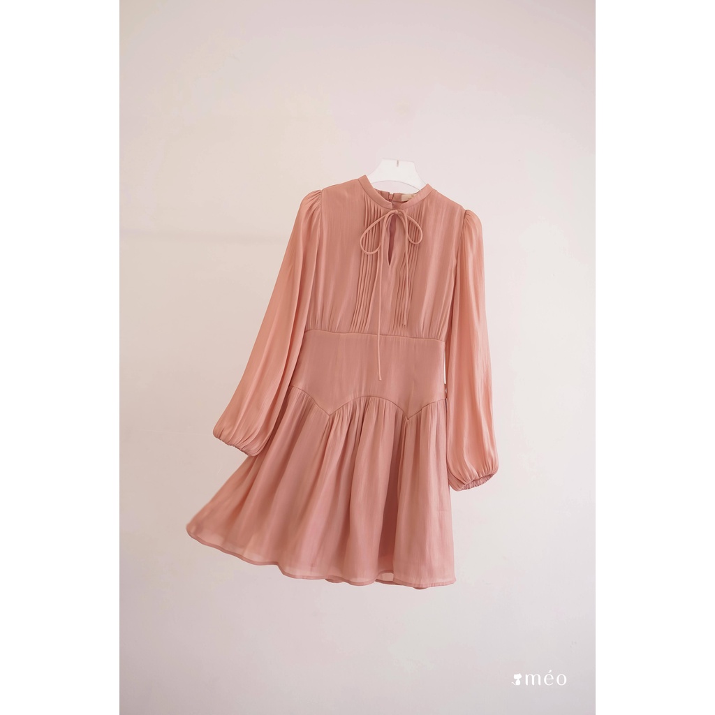 Váy liền nữ Méo shop cổ nơ bo eo dáng xoè đầm dài tay Libern