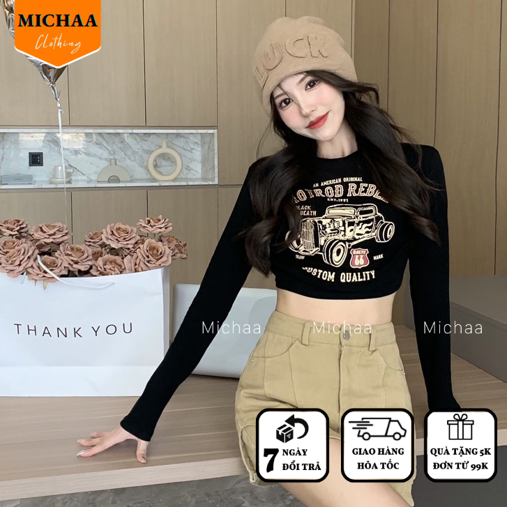 Áo Croptop Ôm Body Nữ HOTROD REBEL Tay Dài Cổ Tròn, Áo Thun Croptop Kiểu In Họa Tiết - MICHAA CR96