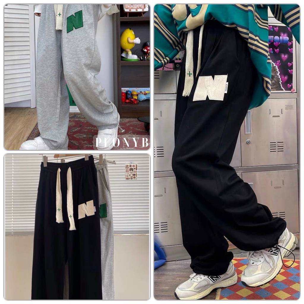 Quần Nỉ Rút Gấu Chữ N PEONYB Unisex [FREESHIP] Culottes ống boom thêu đáp nổi phối dây bản to cá tính đường phố đẹp