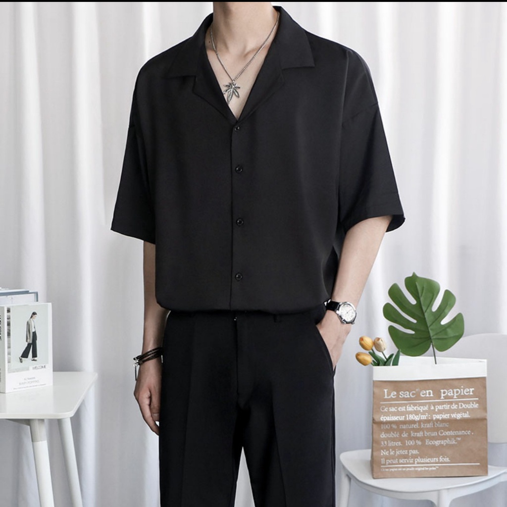 Áo sơ mi tay ngắn nam nữ form rộng - kiểu sơ mi cổ vest unisex Hàn Quốc, chất vải lụa dãn