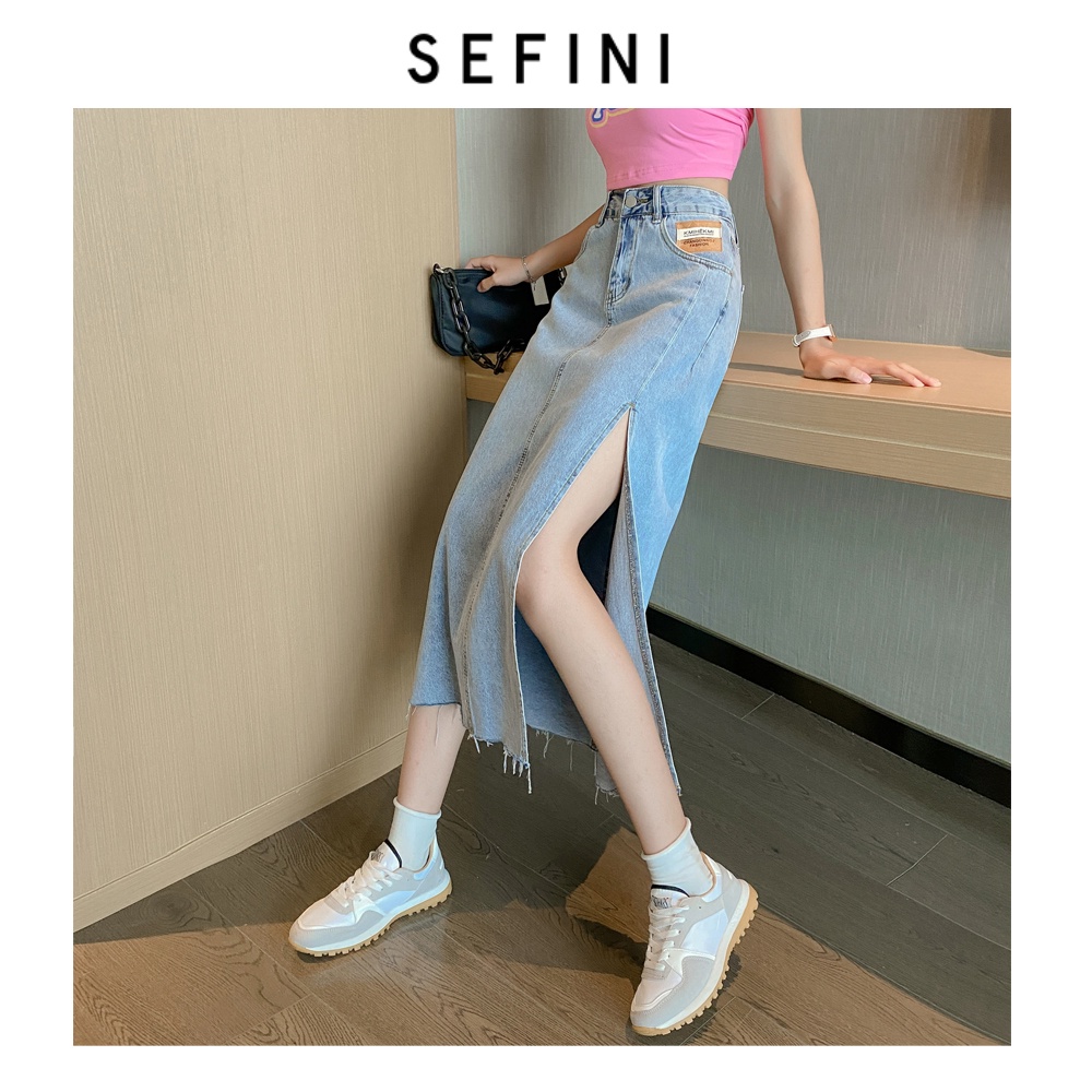 Chân váy jean xẻ tà SEFINI (2 màu), dáng dài, 1 lớp, cạp cao, dài 78cm, chất jean mềm mịn đứng dáng, xẻ chân cuốn hút