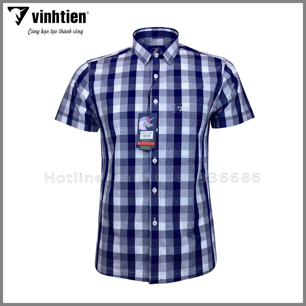 Áo Sơ Mi Tay Ngắn Sọc Caro Bamboo Vĩnh Tiến Tailor Fit Vạt Ngang 430 - G359