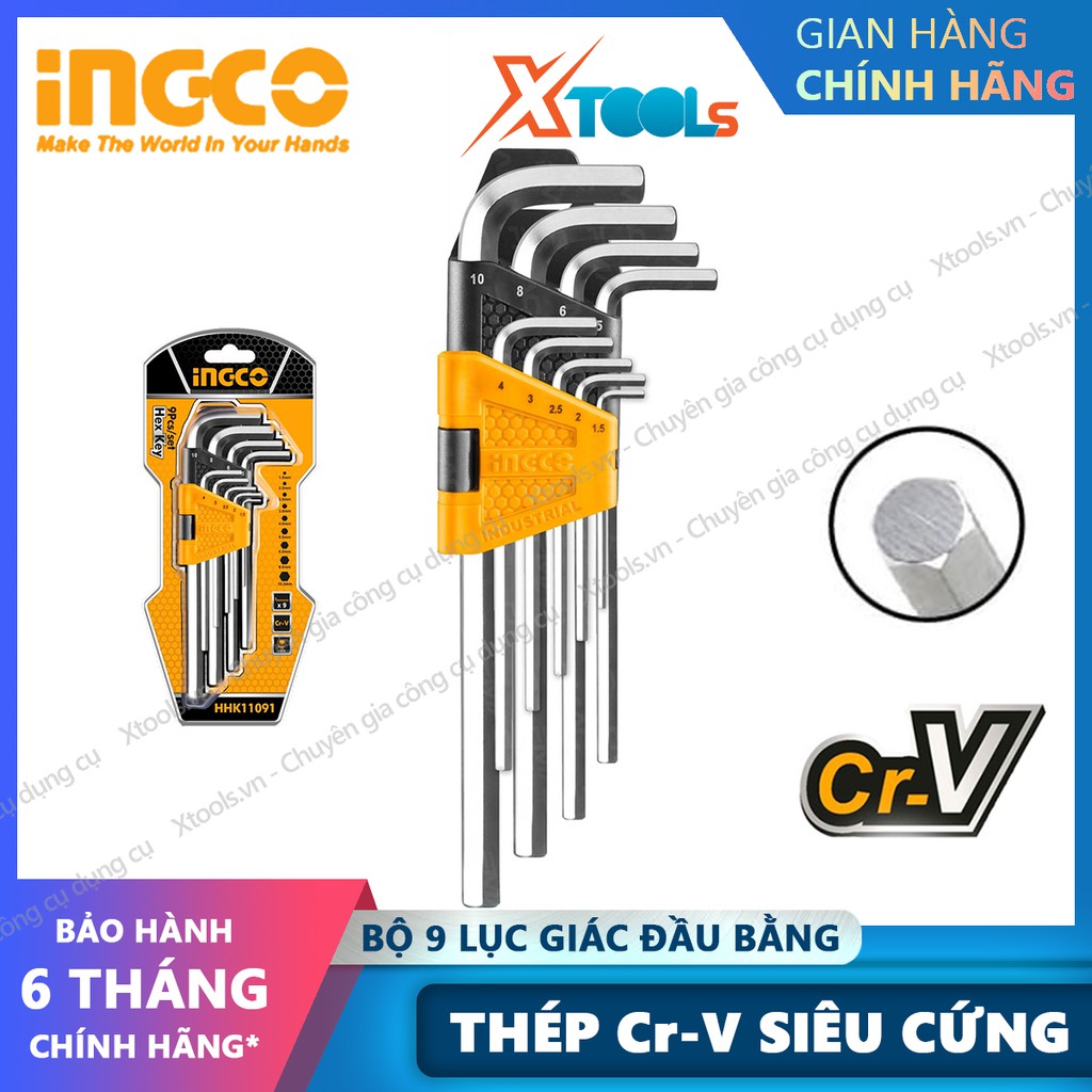 Bộ 9 lục giác đầu bằng đa năng INGCO HHK11091 1.5-10mm siêu cứng chống rỉ sửa chữa mở ốc vít xe máy ô tô máy móc