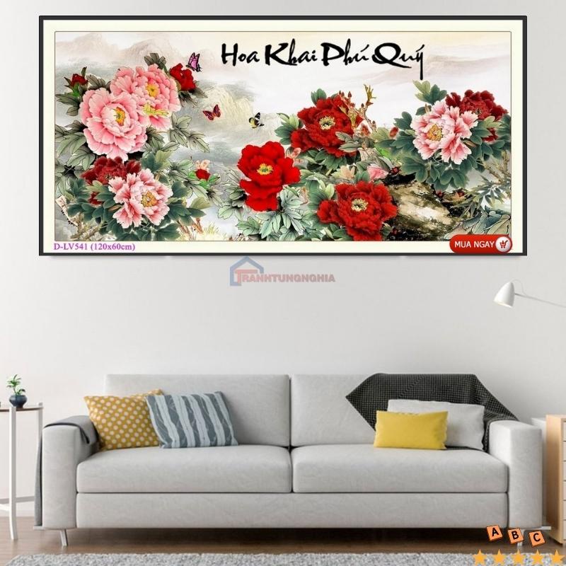 Tranh đính đá, tranh thêu chữ thập hoa mẫu đơn