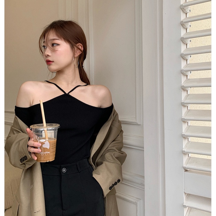 Áo trễ vai dệt kim QKOOLE màu trơn phong cách Hàn Quốc dành cho nữ