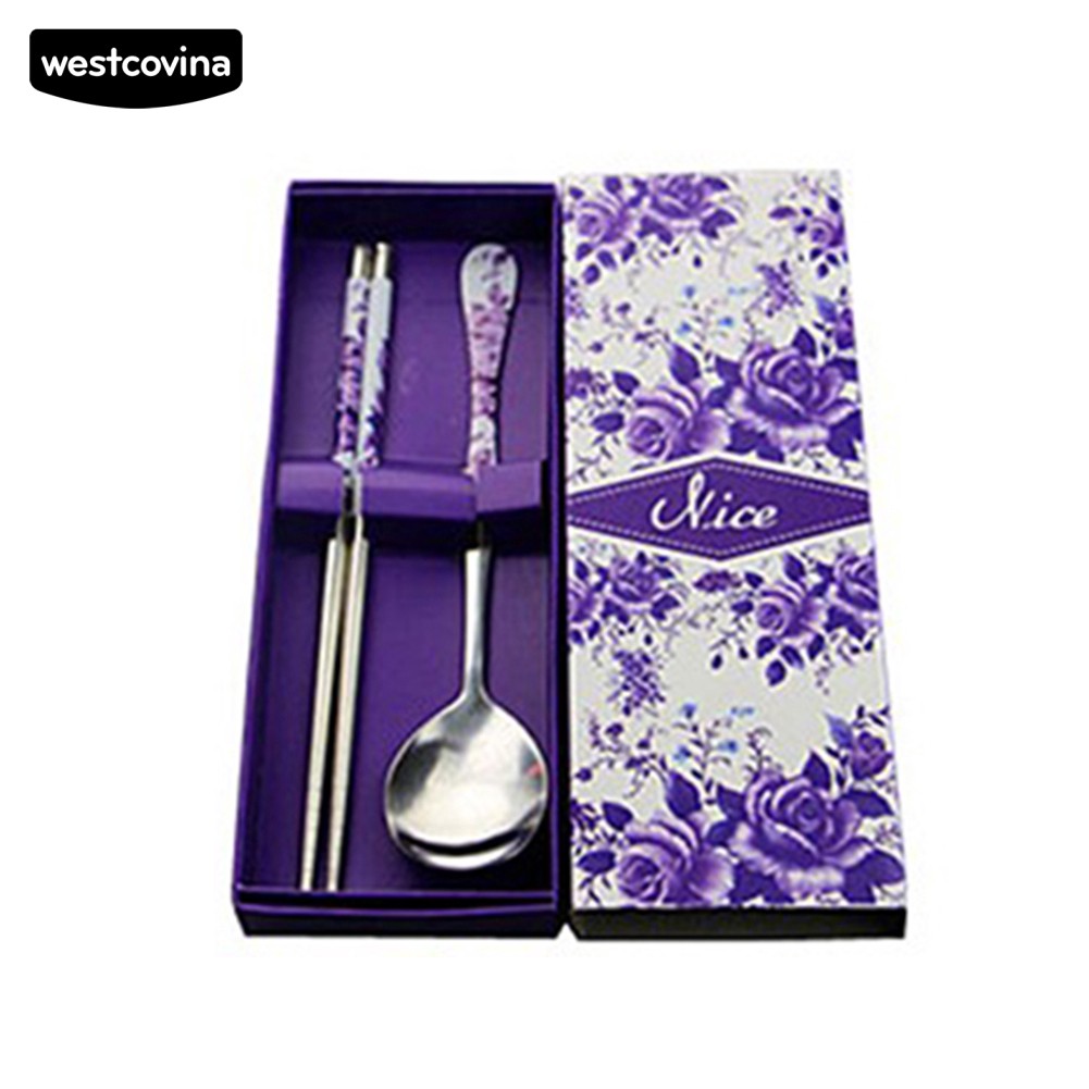 Set 2 muỗng đũa thép không gỉ cán sứ độc đáo