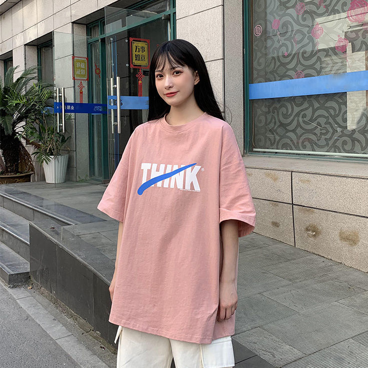 Retro American sapphire blue letter short sleeve t-shirt female 2021 summer new Korean loose half sleeve trendy clothes