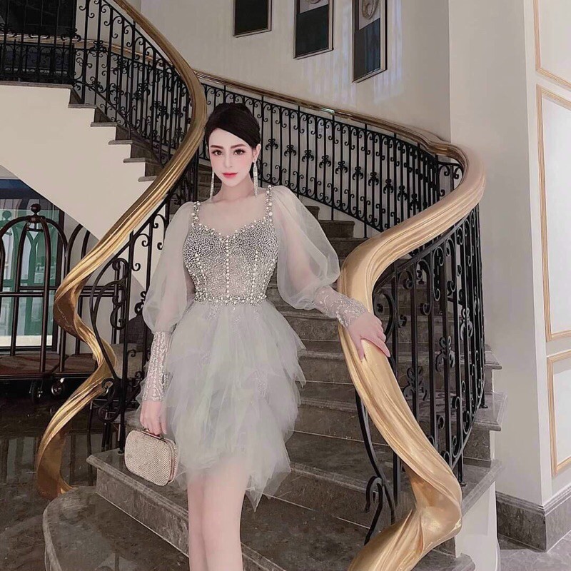 Đầm xoè tay phồng đính cườm ( ảnh và video thật 10000%)