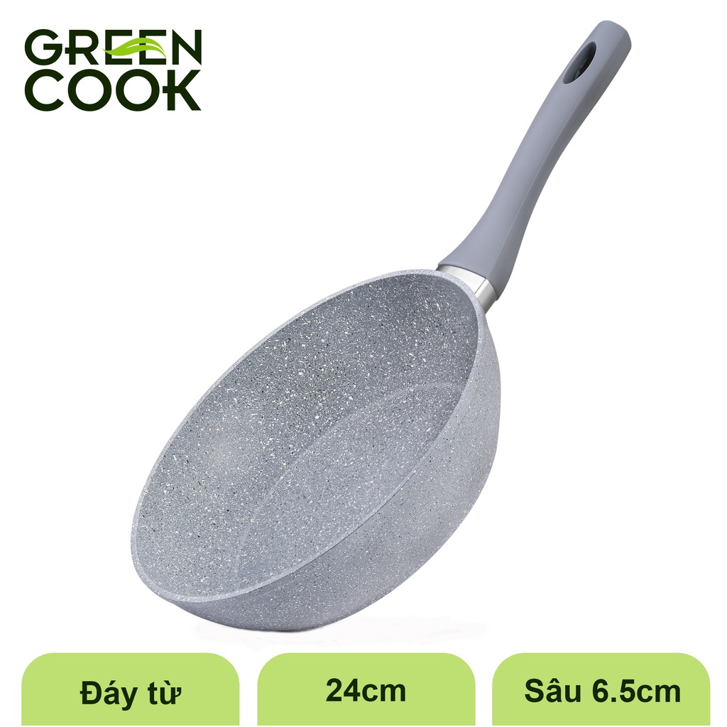 Chảo chống dính bếp từ vân đá GREEN COOK 20-22-24-26-28-30 cm tay cầm chịu nhiệt - Hàng chính hãng greencook