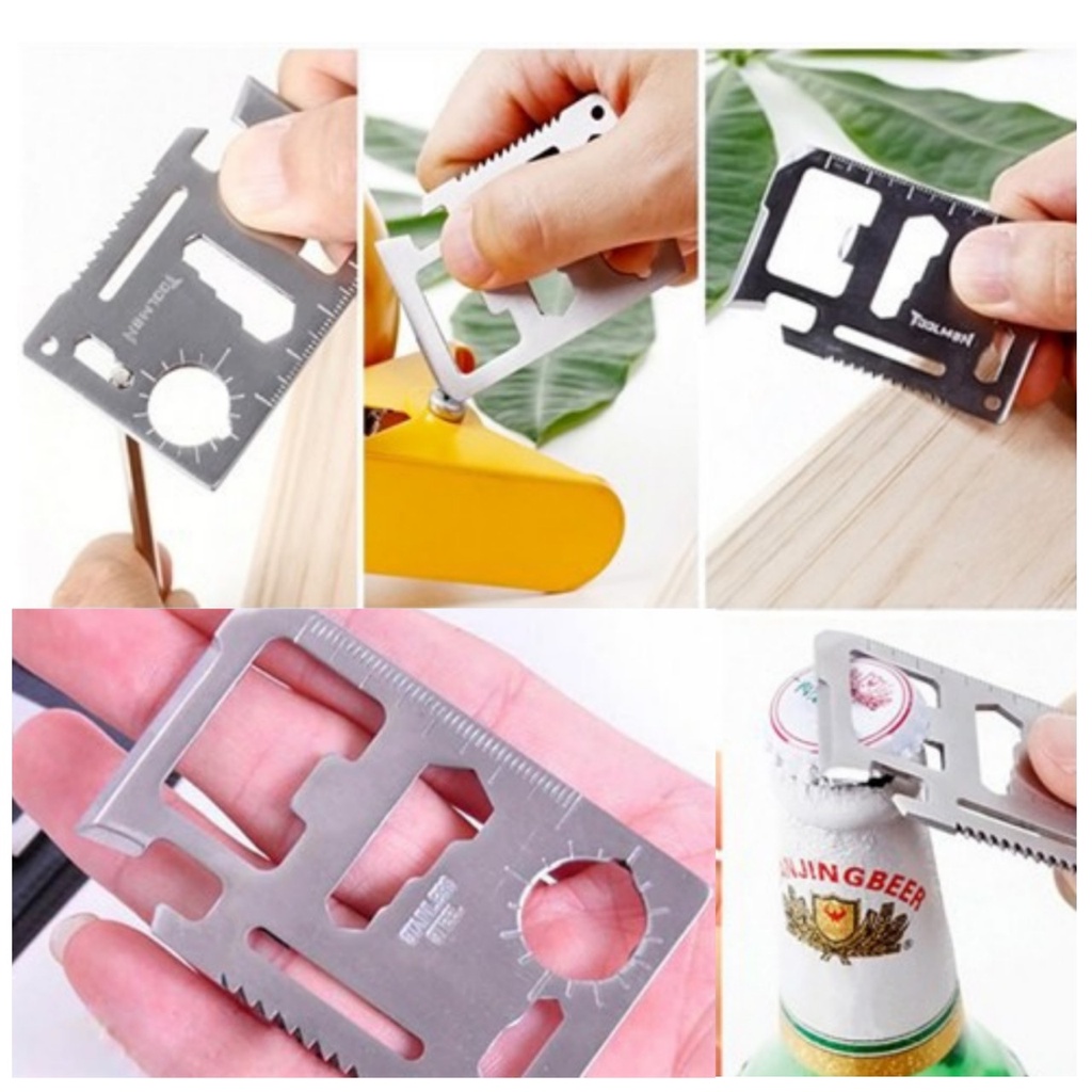 Miếng thép đa năng dùng để khui đồ hộp, làm dao, ốc vít bulon 4 cạnh, móc chìa khóa, làm thước đo tiện dụng