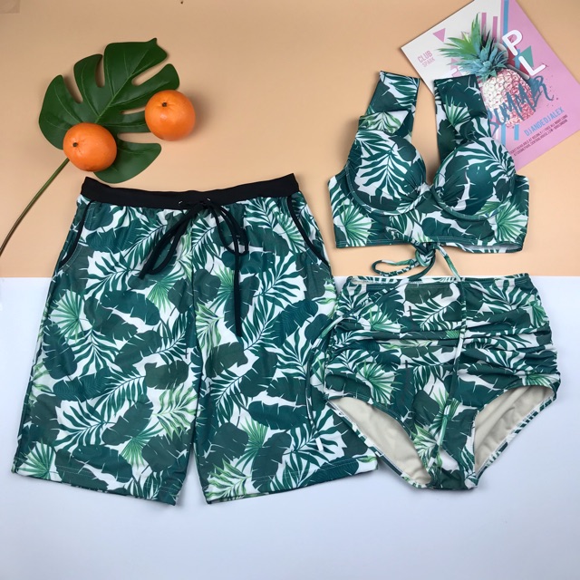 Bikini lưng cao áo crop nâng ngực lá xanh