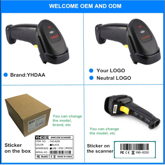 Máy Scan Barcode YHD-8200 1D tia Laser có dây không cần cài đặt