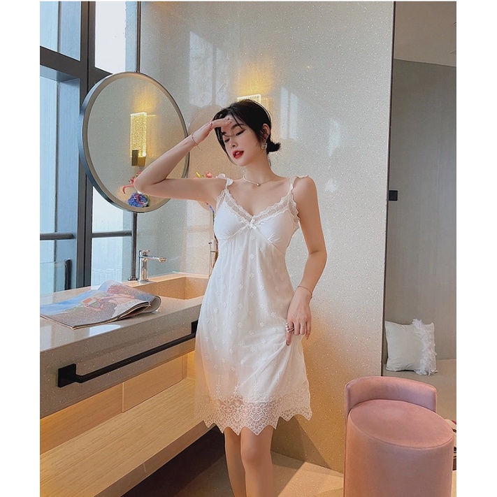 Váy ngủ sexy ren mềm phối lụa cao cấp, Đồ ngủ mặc nhà gợi cảm quyến rũ