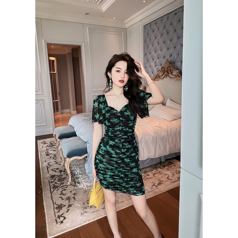 ZYHT  Đầm Hoa Dáng Ôm Màu Xanh Lá Phong Cách Hàn Quốc Thời Trang Đi Biển 10147