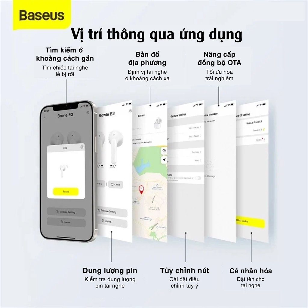 Tai nghe Bluetooth Baseus Bowie E3 True Wireless Earbuds có sạc nhanh - định vị tìm tai nghe - chống nướcIP64 - chống ồn