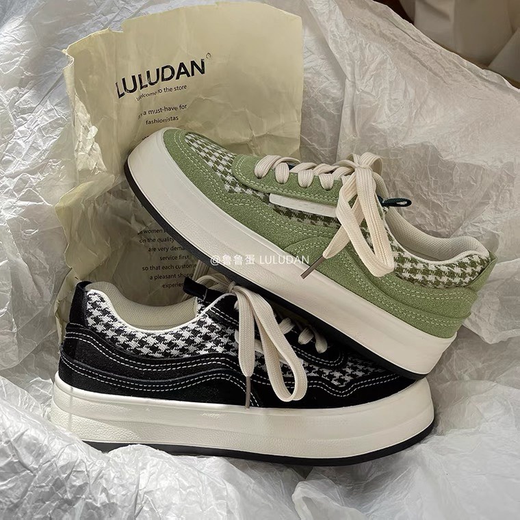 Giày Thể Thao Nữ Đế Độn Hoạ Tiết Houndstooth Đế Bánh Mì Tăng Chiều Cao HotTrend