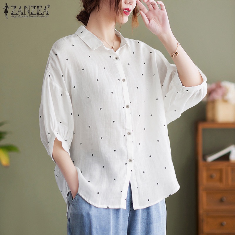 Áo sơ mi Zanzea tay ngắn cổ bẻ họa tiết chấm bi phong cách vintage dành cho nữ