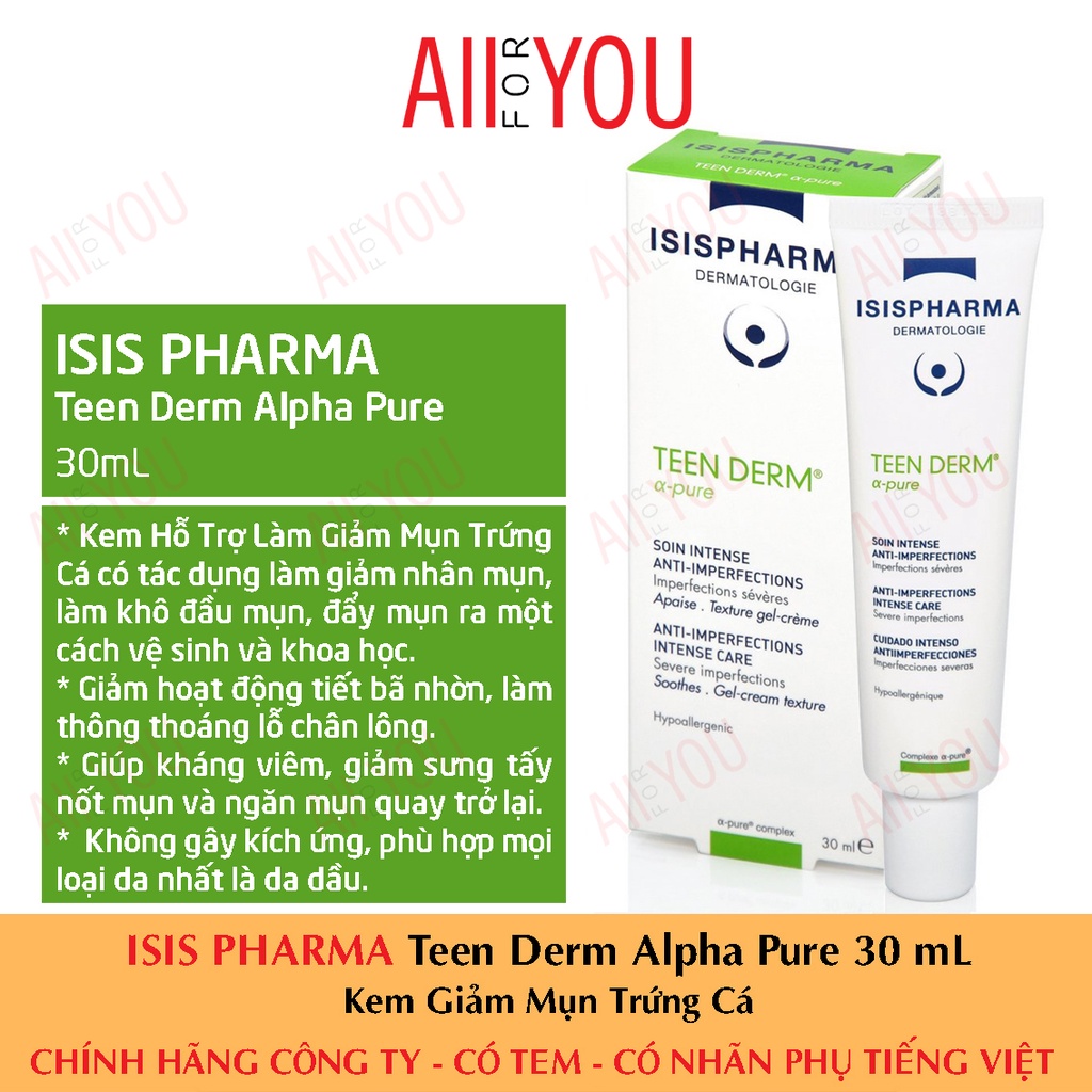 [CHÍNH HÃNG CÓ TEM] ISIS Pharma Teen Derm Alpha Pure 30 ml - Kem Giảm Mụn Trứng Cá.