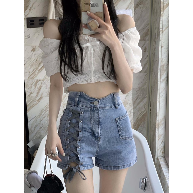 Quần Short Jeans Lưng Cao Ống Rộng Thời Trang Mùa Hè Cho Nữ
