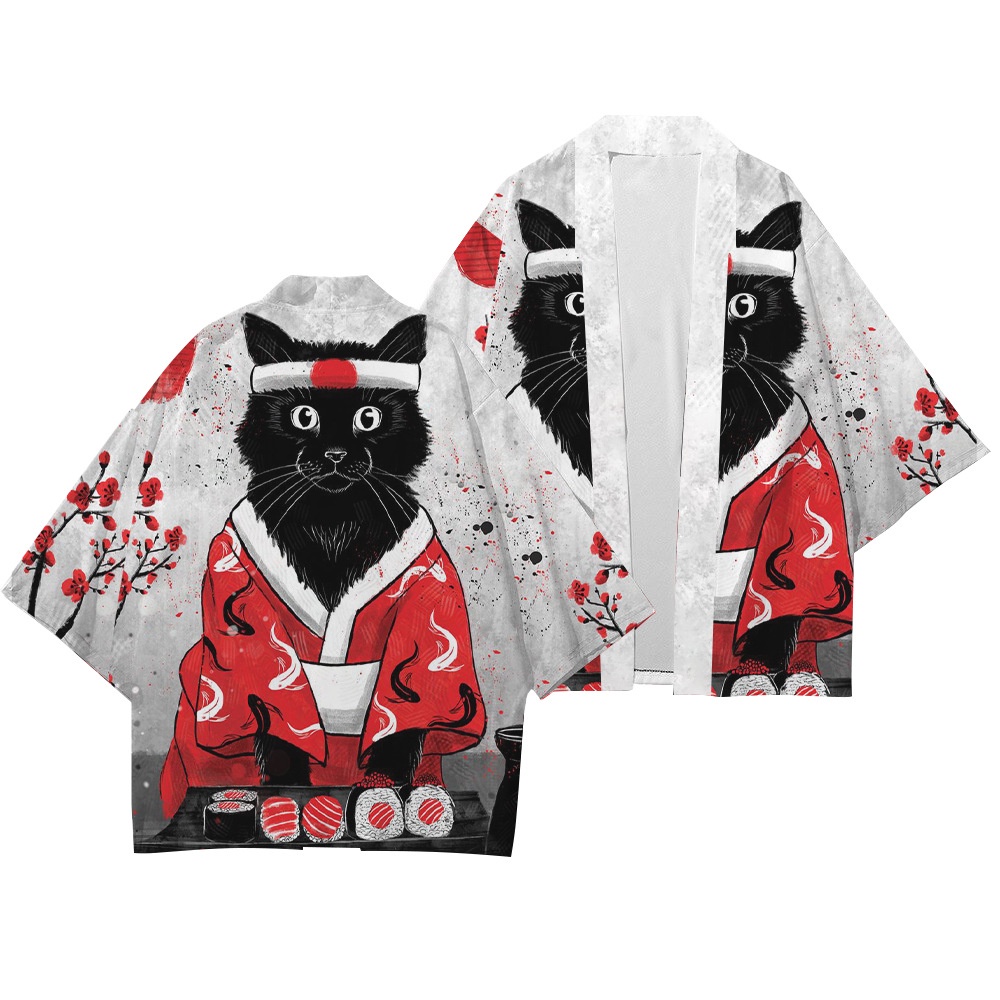 Áo Kimono In Họa Tiết Hoạt Hình Mèo Và Chim Hạc Phong Cách Mới