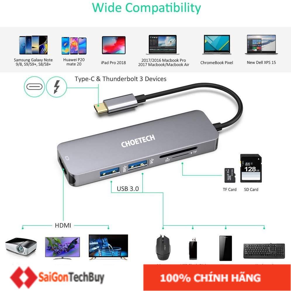 Hub Adapter chuyển đổi 4 in 1 Type-C ra 2 cổng USB 3.0, cổng HDMI 4K, & cổng thẻ nhớ SD và thẻ TF hiệu CHOETECH M08